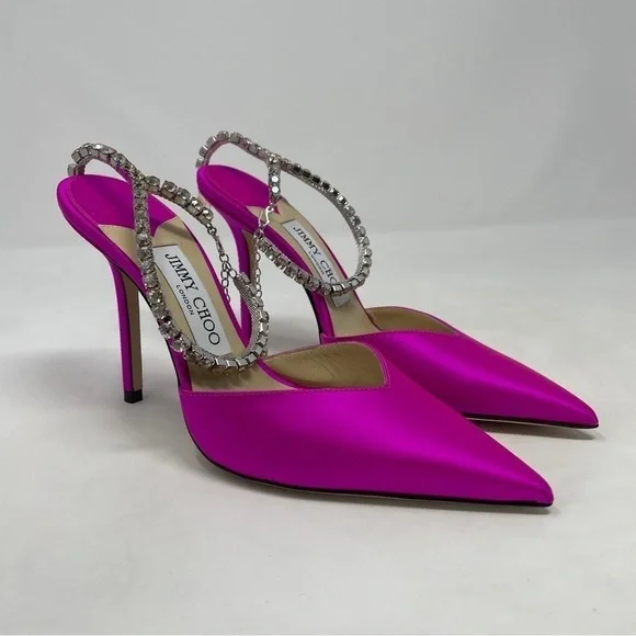 Jimmy Choo Saeda‎ 100mm Ankle Strap Pumps in Fuschia Satin with Crystal Chain - Picture 6 of 16